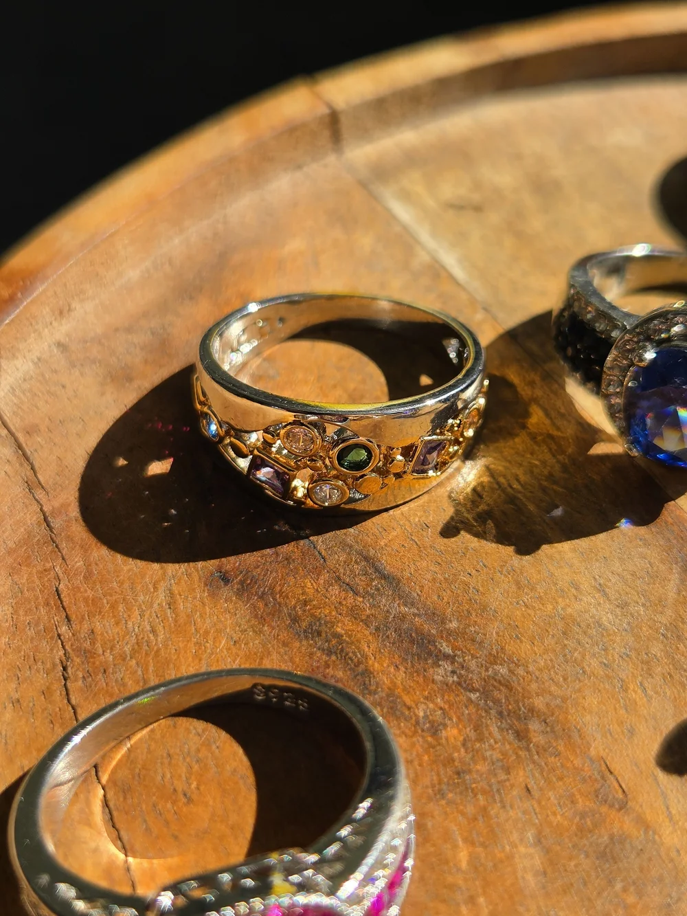 Silver Tone Multi-Stone  Ring - Sparkling Clear and Blue Accents